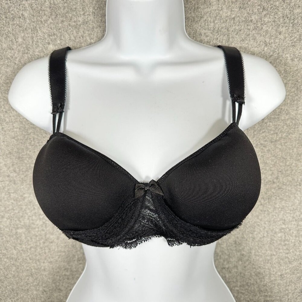 Simone Perele‎ 34F Bra Underwired Black Smooth Floral Mesh Bow Adjustable Straps